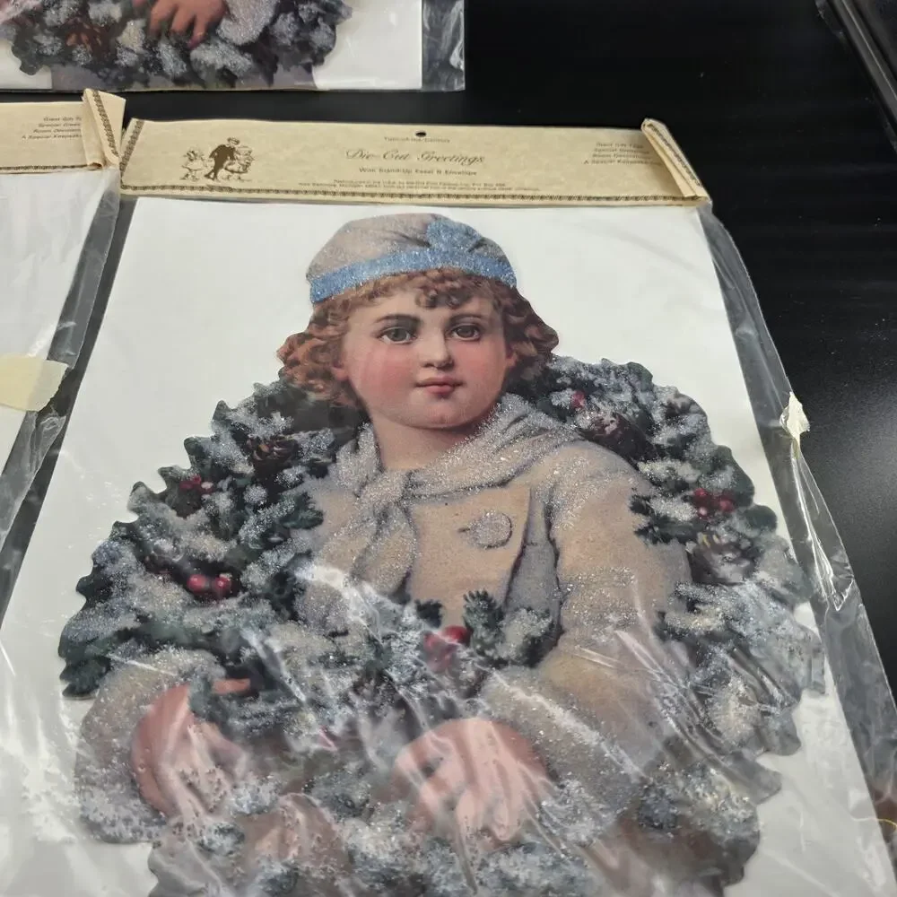 3 Vintage Style Die-Cut Greetings Boy with Wreath Christmas Cards Old Print